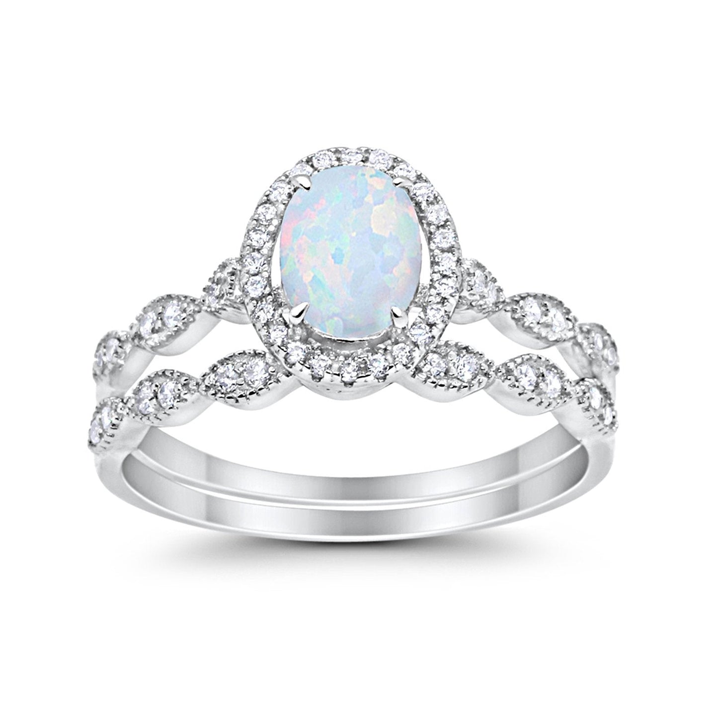 Halo Bridal Set Piece Art Deco Oval Lab Created White Opal Ring