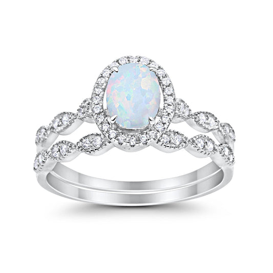 Halo Bridal Set Piece Art Deco Oval Lab Created White Opal Ring