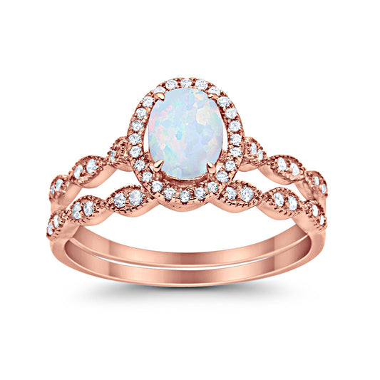 Halo Bridal Set Piece Oval Rose Tone, Lab Created White Opal Wedding Ring