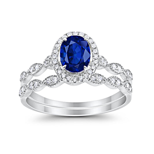 Halo Bridal Set Piece Oval Simulated Blue Sapphire CZ Ring