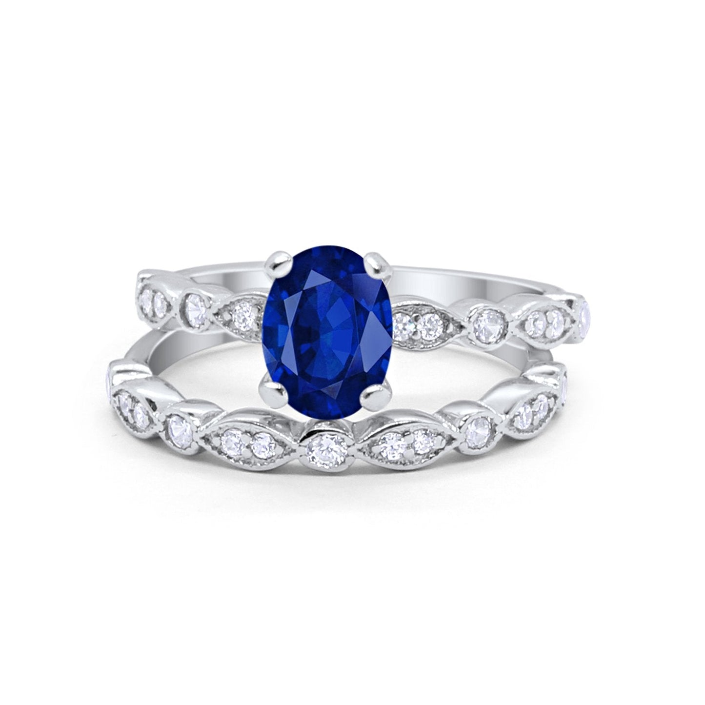 Two Piece Band Engagement Ring Oval Simulated Blue Sapphire CZ