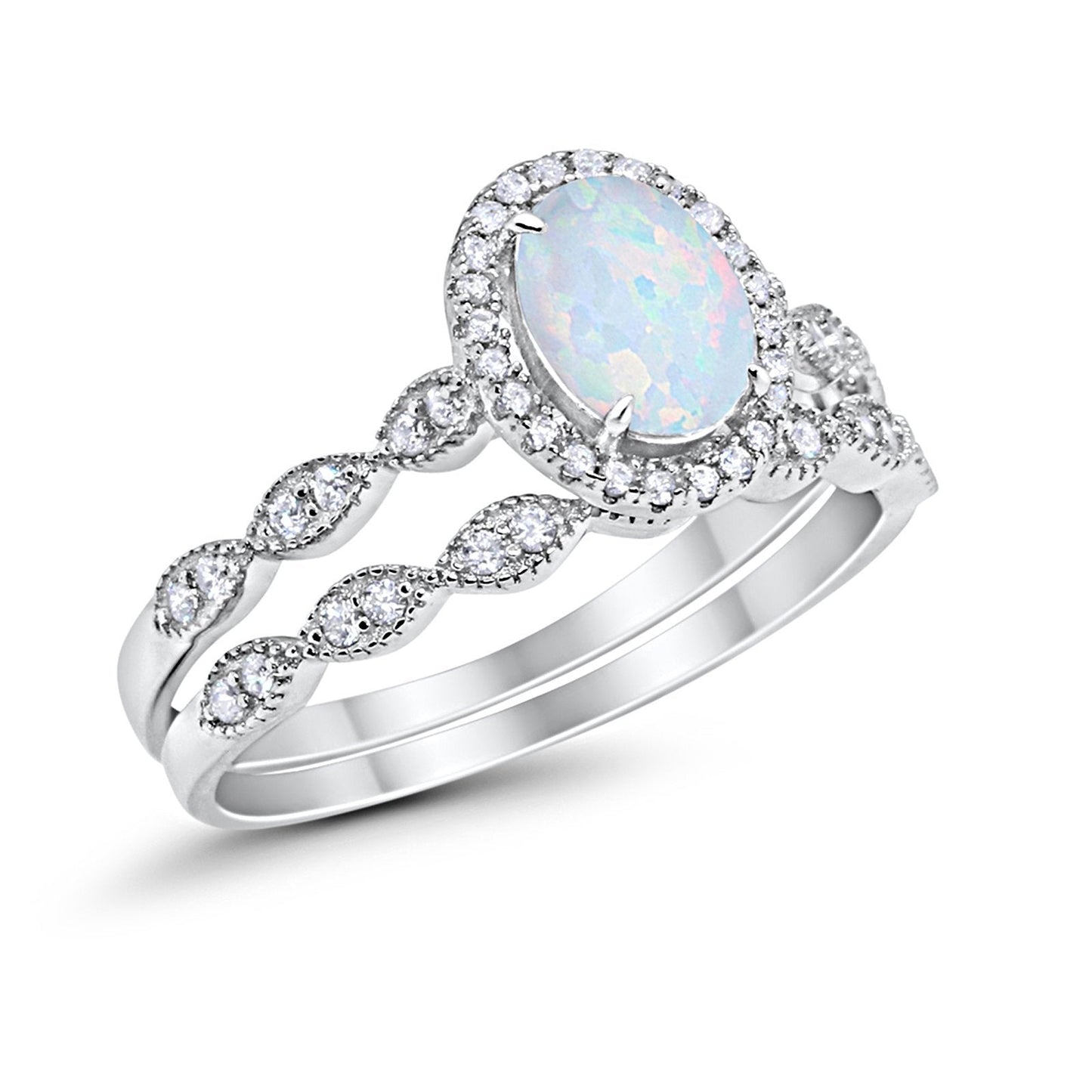 Halo Bridal Set Piece Art Deco Oval Lab Created White Opal Ring