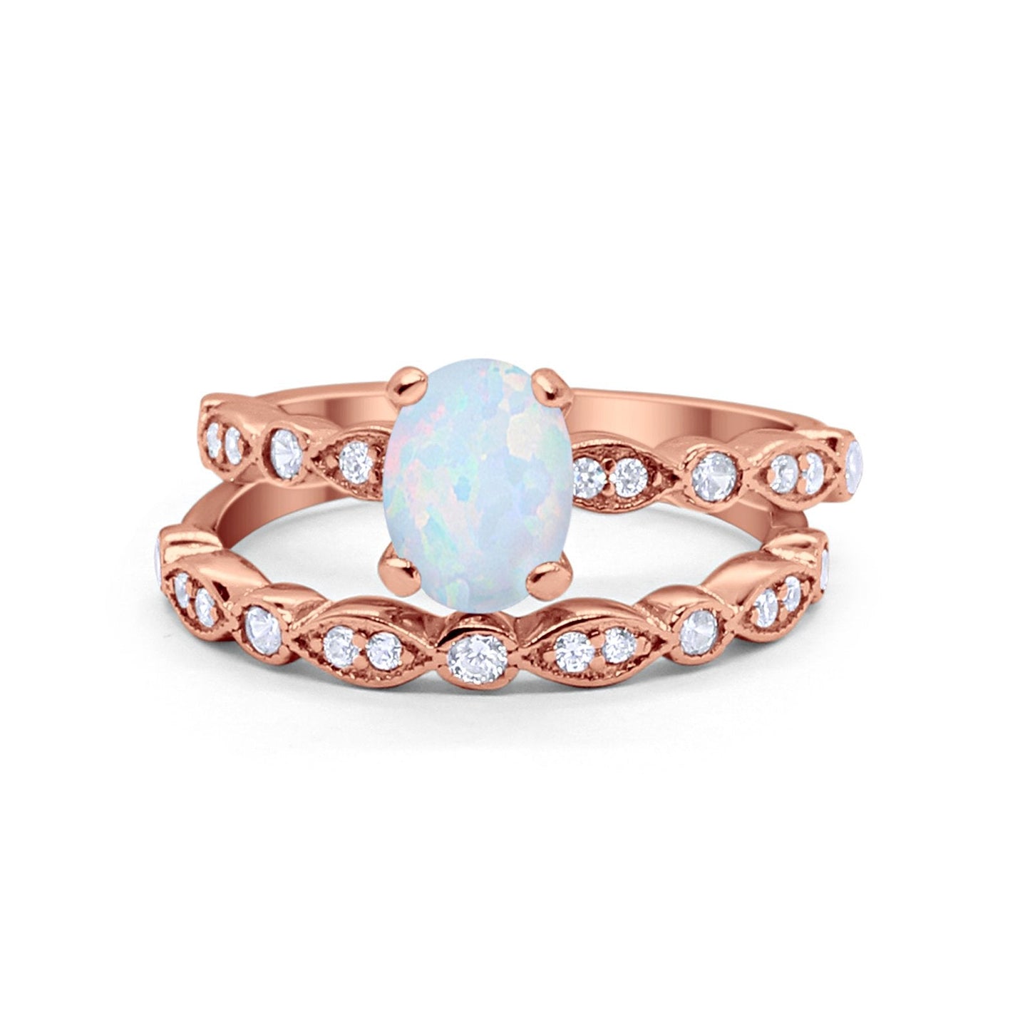 Two Piece Band Engagement Ring Oval Rose Tone, Lab Created White Opal