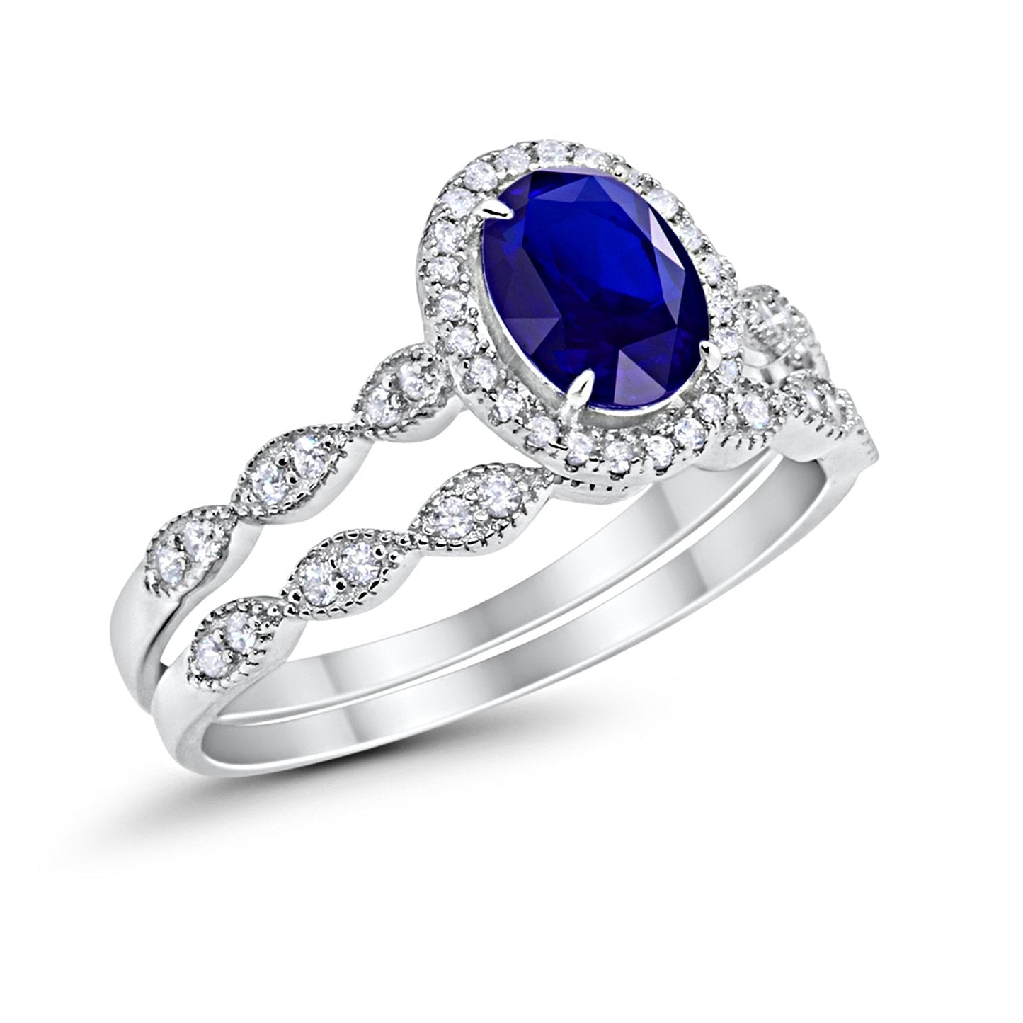 Halo Bridal Set Piece Oval Simulated Blue Sapphire CZ Ring