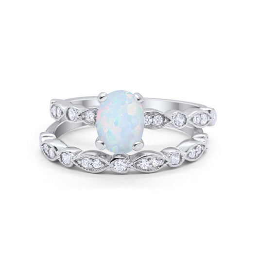 Two Piece Band Engagement Ring Oval Lab Created White Opal