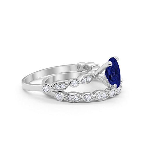 Two Piece Band Engagement Ring Oval Simulated Blue Sapphire CZ