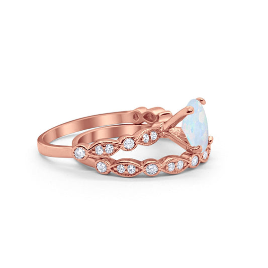 Two Piece Band Engagement Ring Oval Rose Tone, Lab Created White Opal