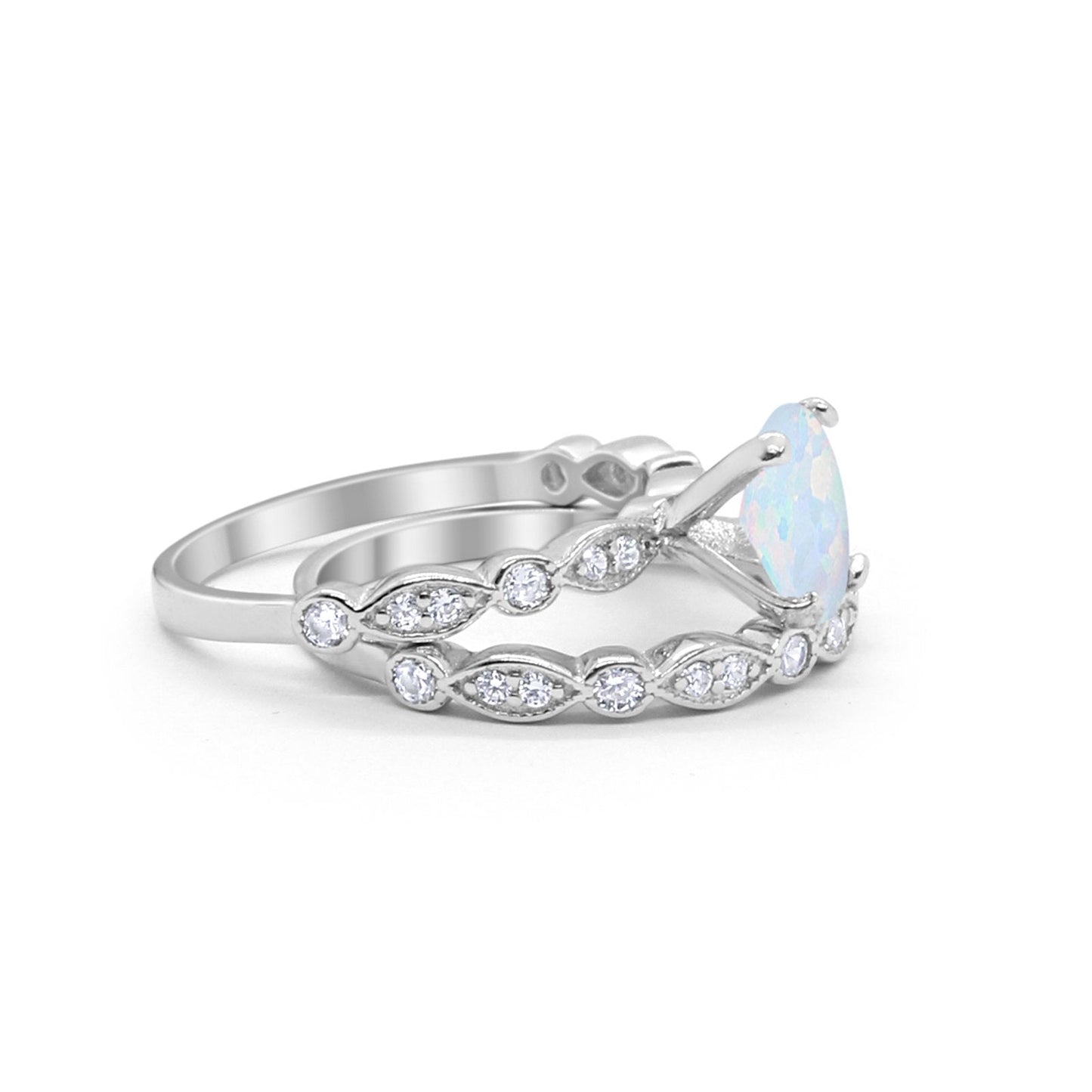 Two Piece Band Engagement Ring Oval Lab Created White Opal