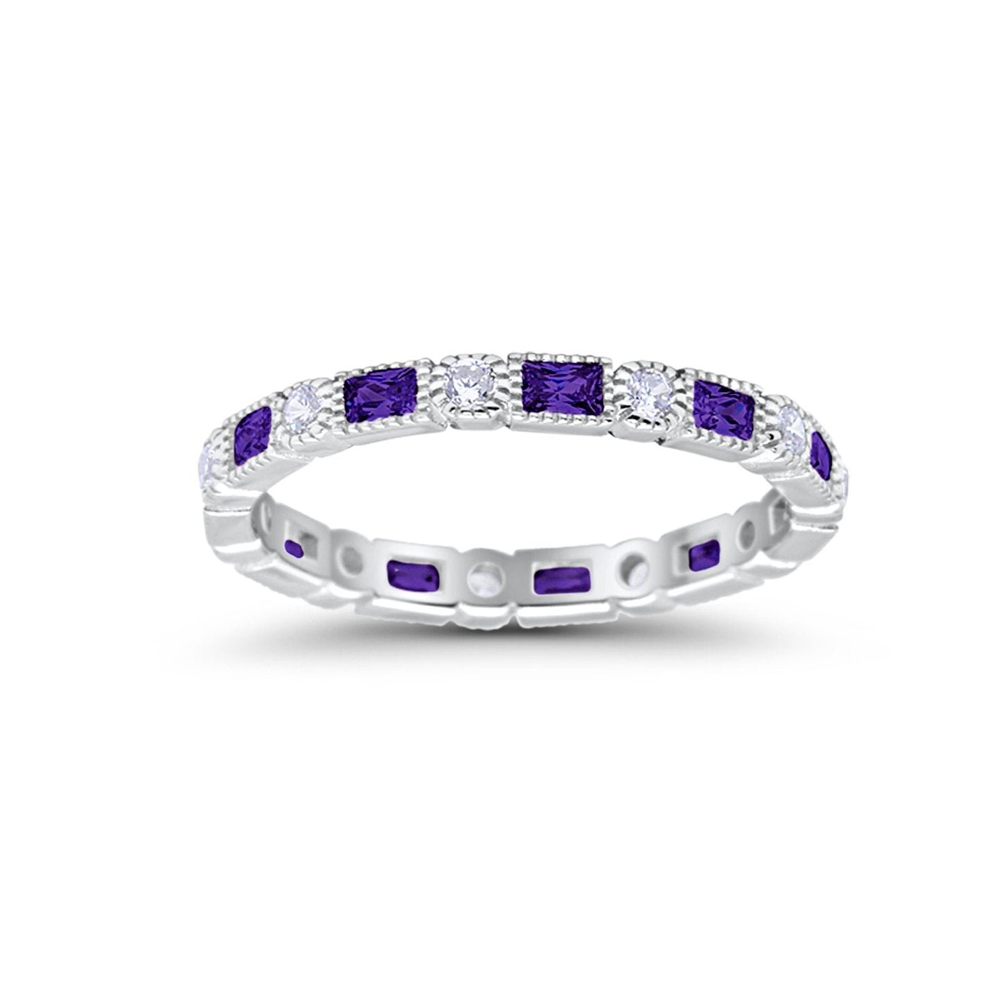 Full Eternity Baguette Round Simulated Amethyst CZ Wedding Ring