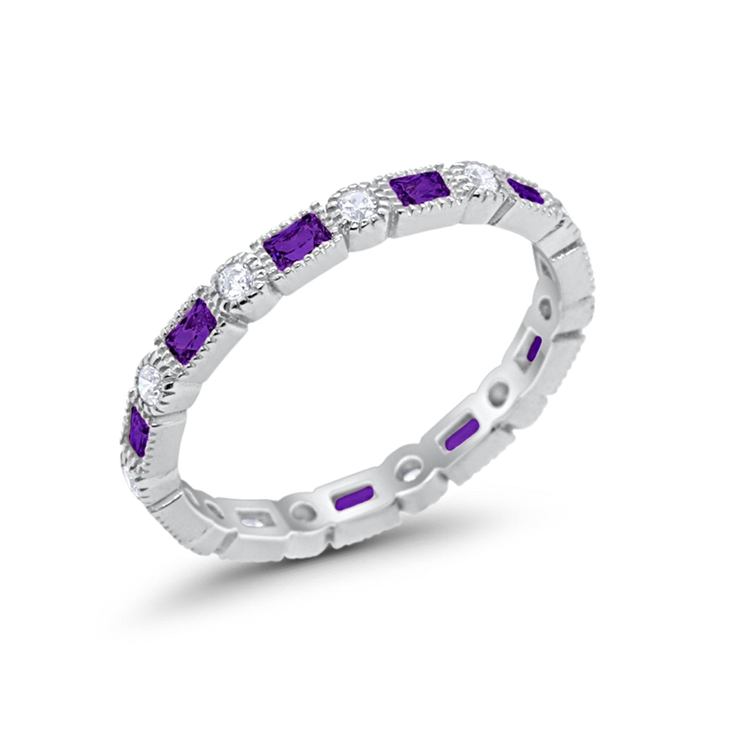 Full Eternity Baguette Round Simulated Amethyst CZ Wedding Ring