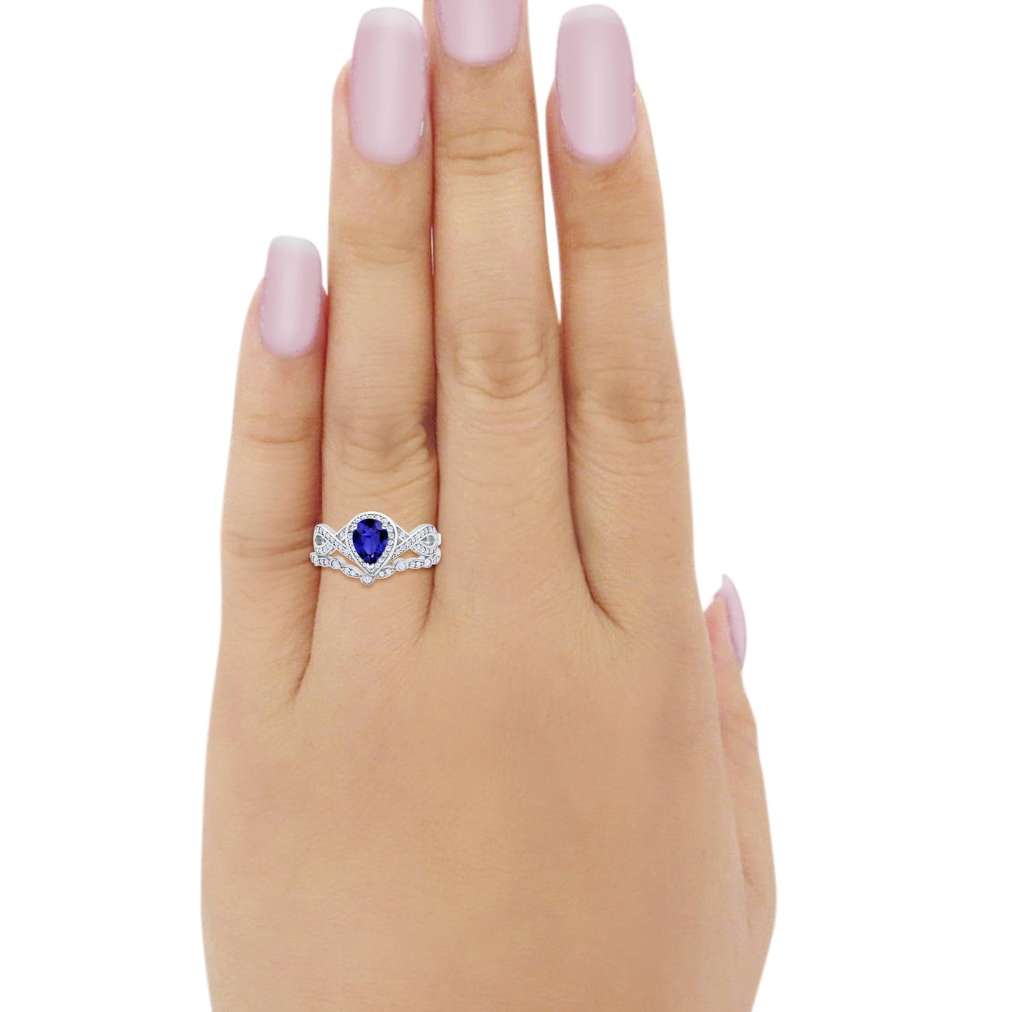 Teardrop Wedding Ring Band Piece Simulated Blue Sapphire CZ