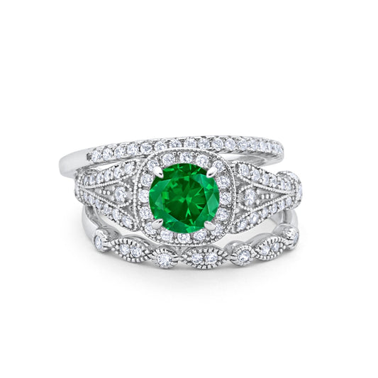 Three Piece Art Deco Bridal Wedding Ring Simulated Green Emerald CZ