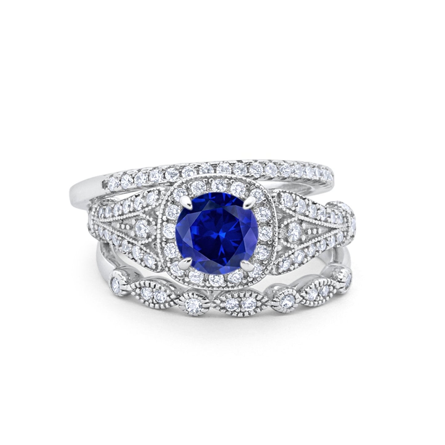 Three Piece Art Deco Bridal Wedding Ring Simulated Blue Sapphire CZ