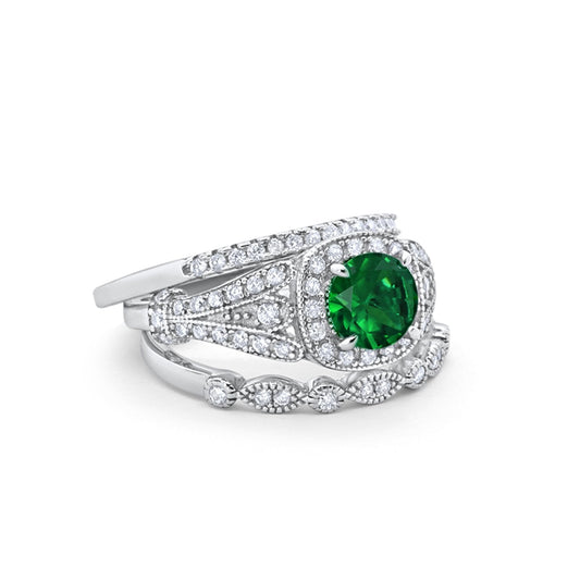 Three Piece Art Deco Bridal Wedding Ring Simulated Green Emerald CZ