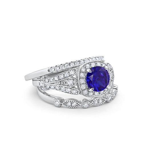 Three Piece Art Deco Bridal Wedding Ring Simulated Blue Sapphire CZ