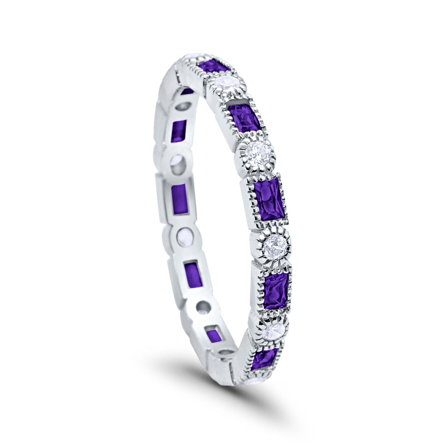 Full Eternity Baguette Round Simulated Amethyst CZ Wedding Ring