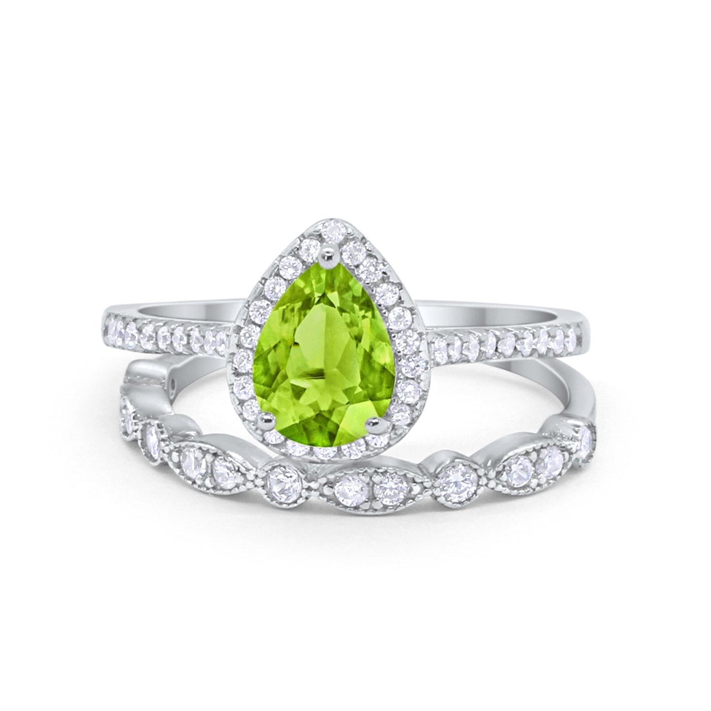 Teardrop Bridal Piece Wedding Ring Simulated Peridot CZ Art Deco Band