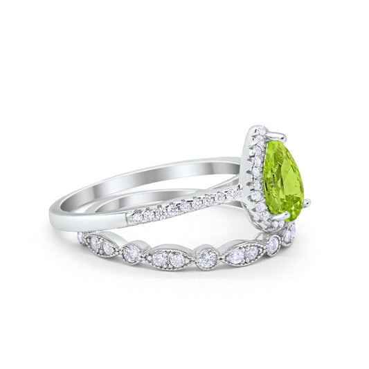 Teardrop Bridal Piece Wedding Ring Simulated Peridot CZ Art Deco Band