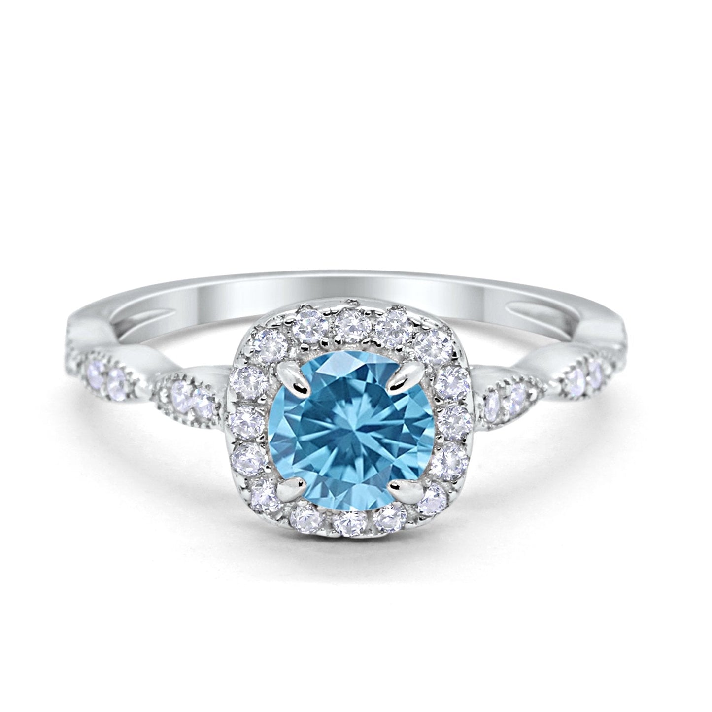 Art Deco Wedding Engagement Ring Round Simulated Aquamarine CZ