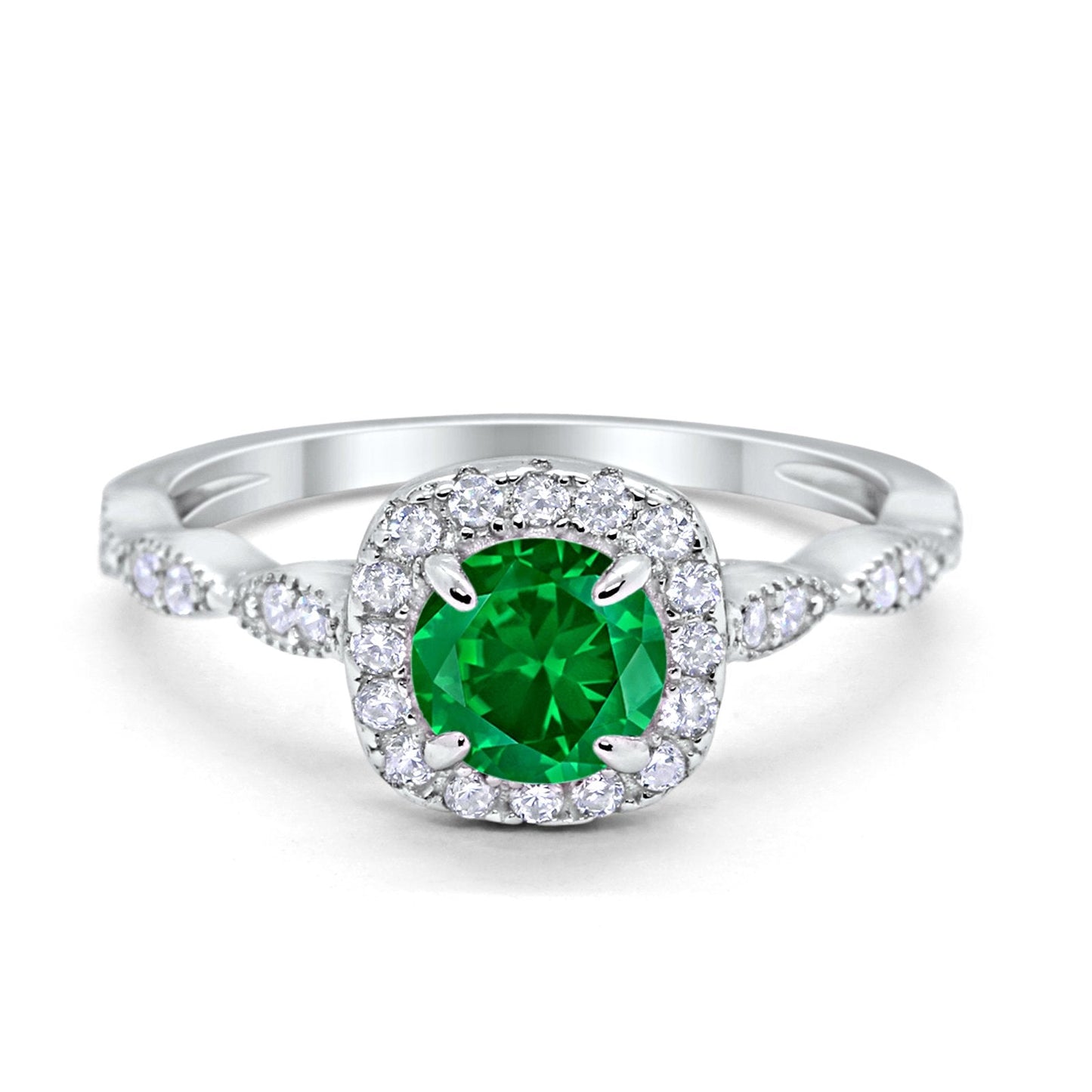 Art Deco Wedding Engagement Ring Round Simulated Green Emerald  CZ Solid