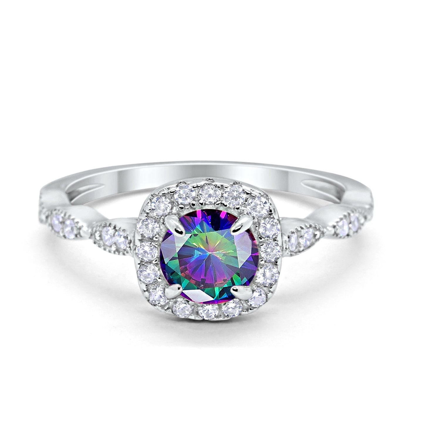 Art Deco Wedding Engagement Ring Round Simulated Rainbow CZ