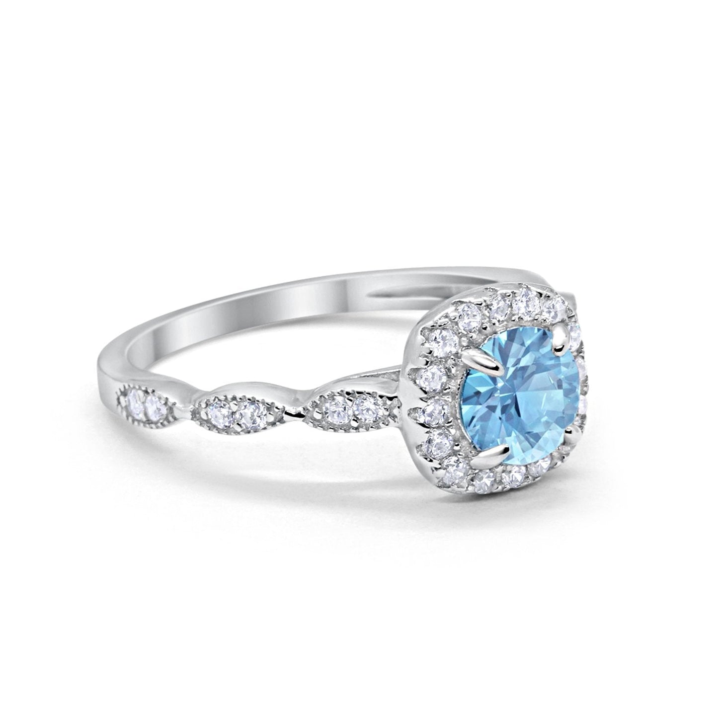 Art Deco Wedding Engagement Ring Round Simulated Aquamarine CZ