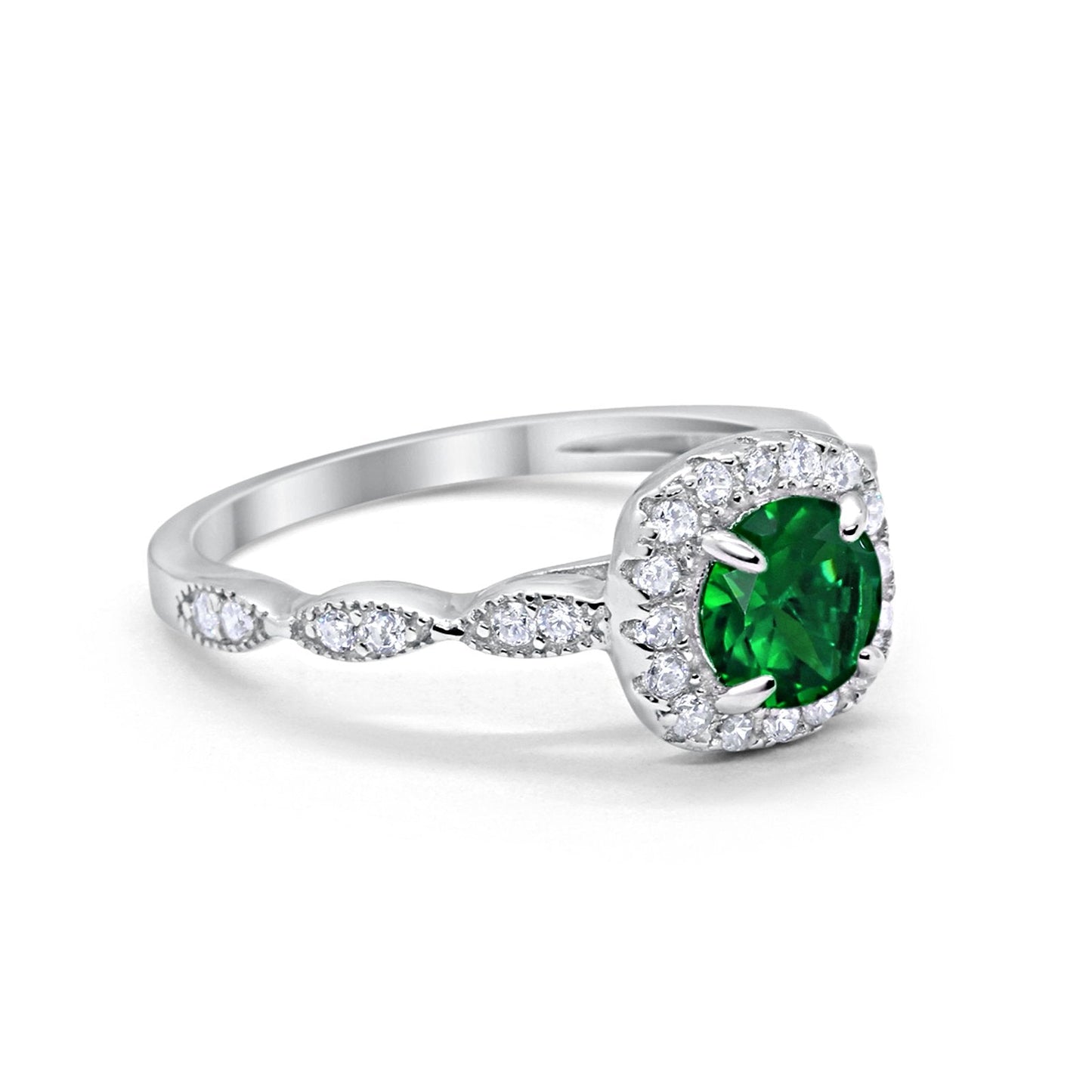 Art Deco Wedding Engagement Ring Round Simulated Green Emerald  CZ Solid