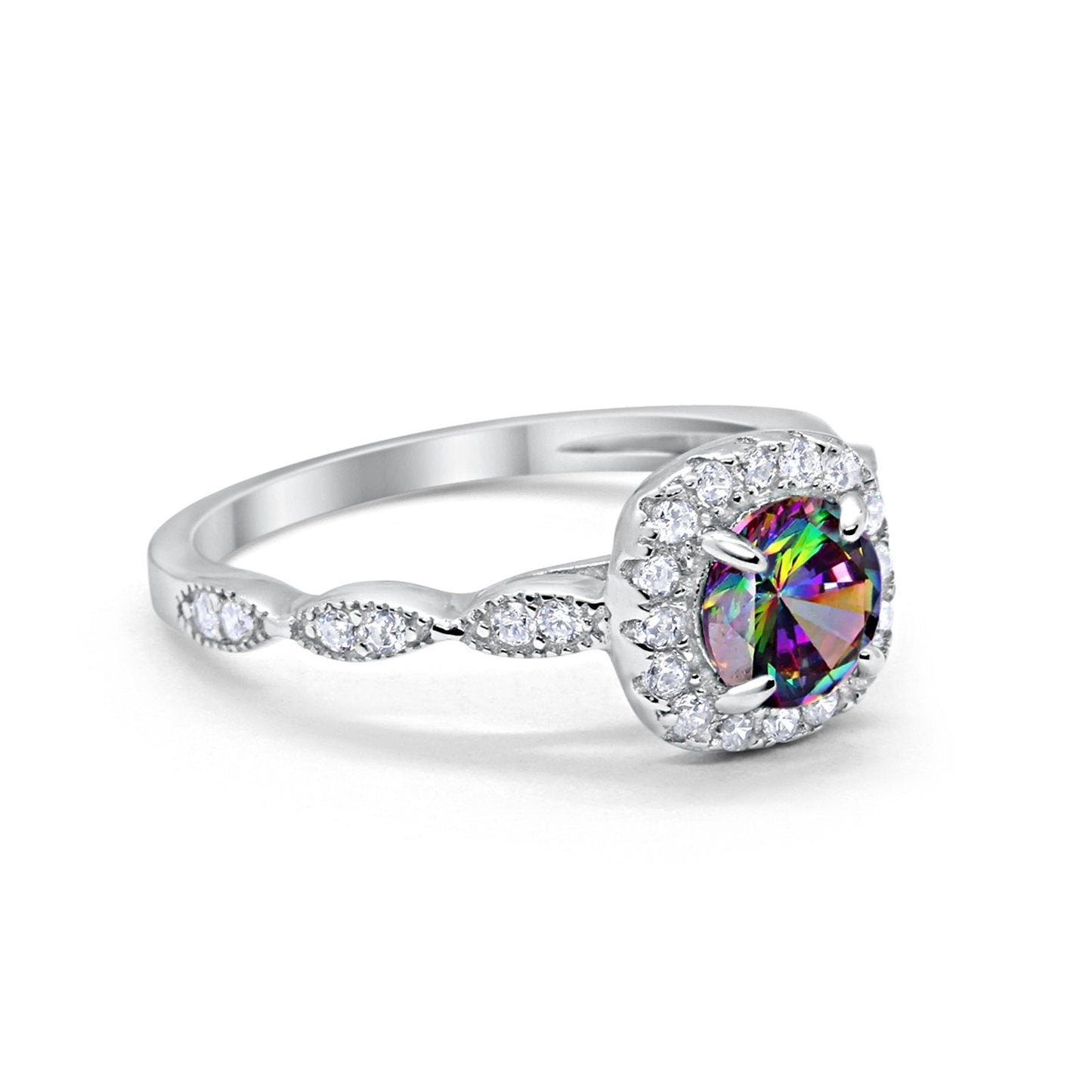 Art Deco Wedding Engagement Ring Round Simulated Rainbow CZ