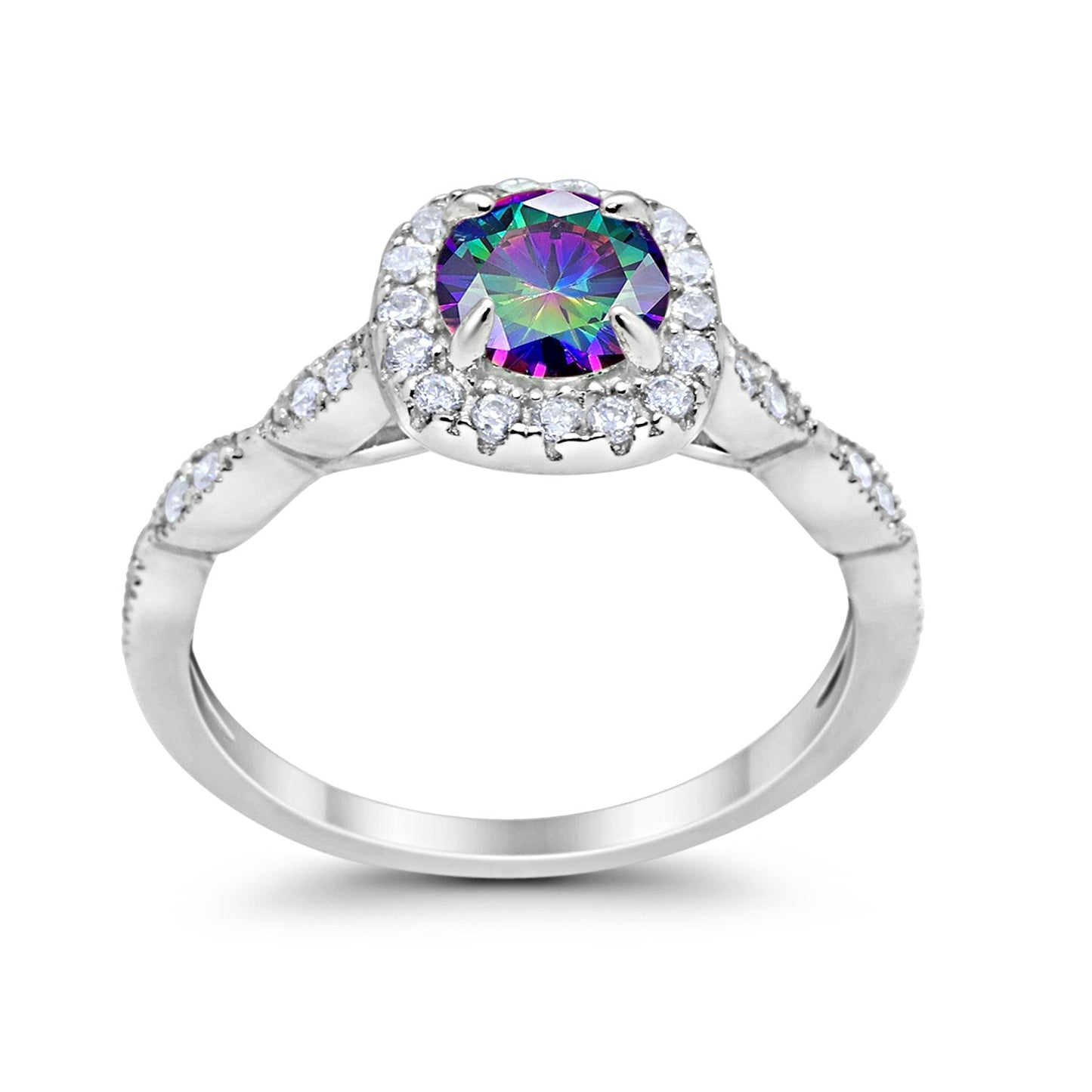 Art Deco Wedding Engagement Ring Round Simulated Rainbow CZ