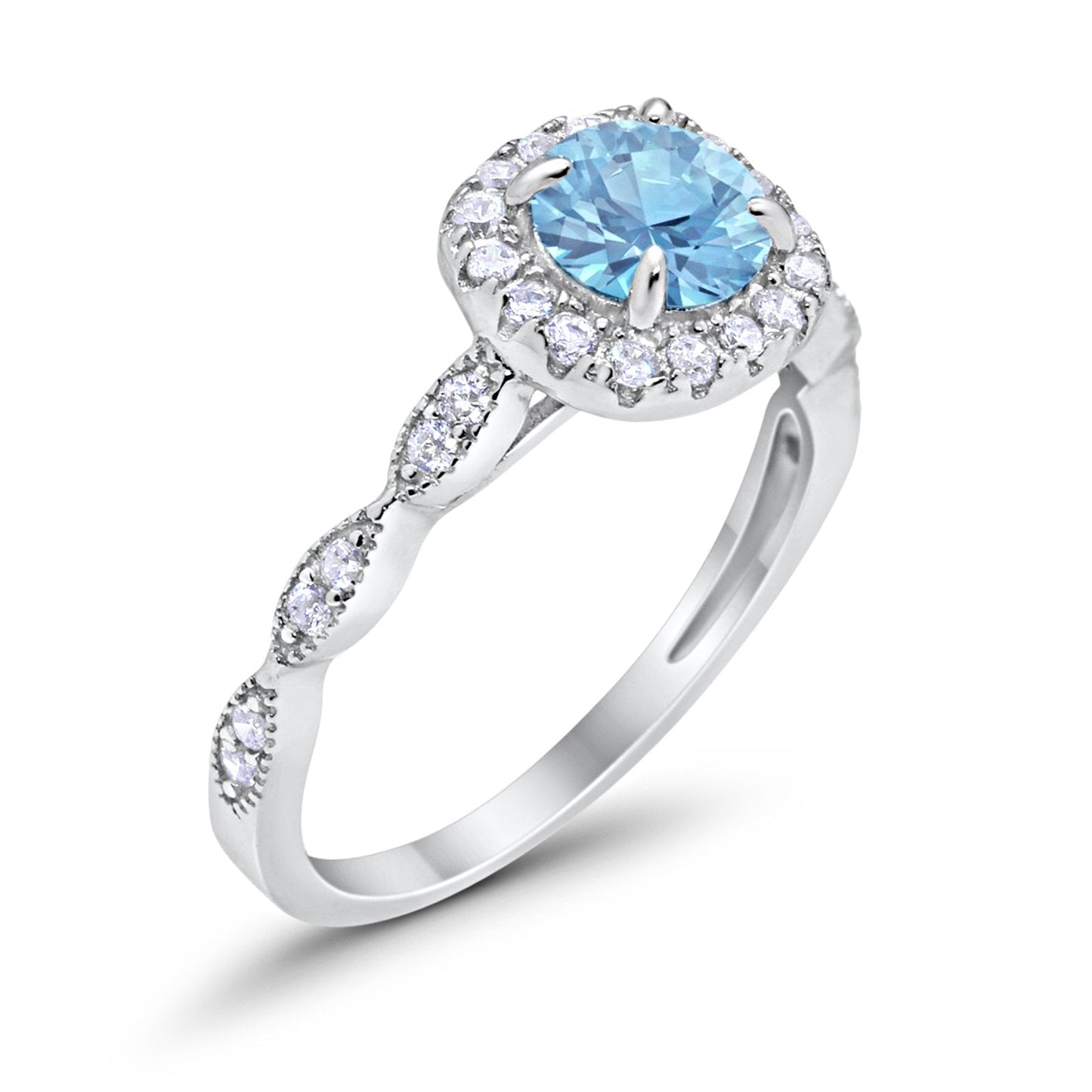 Art Deco Wedding Engagement Ring Round Simulated Aquamarine CZ