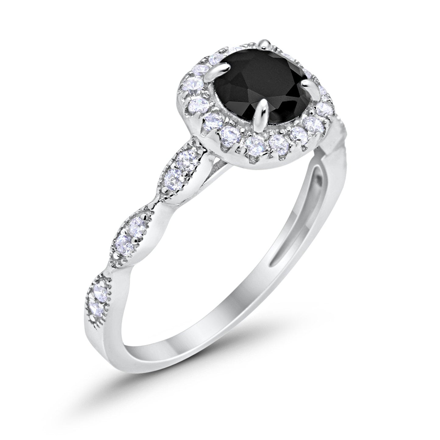 Art Deco Wedding Engagement Ring Round Simulated Black CZ Solid