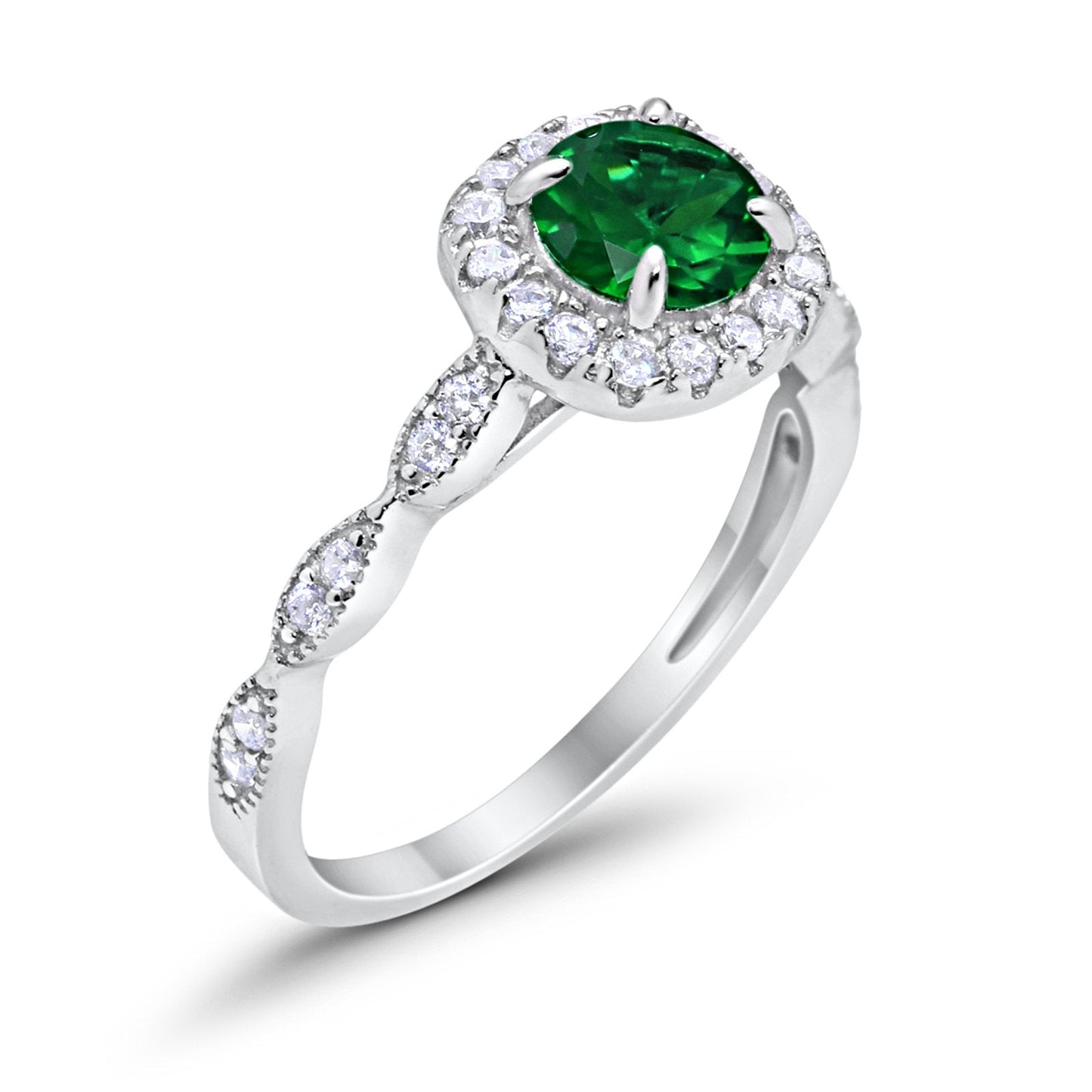 Art Deco Wedding Engagement Ring Round Simulated Green Emerald  CZ Solid