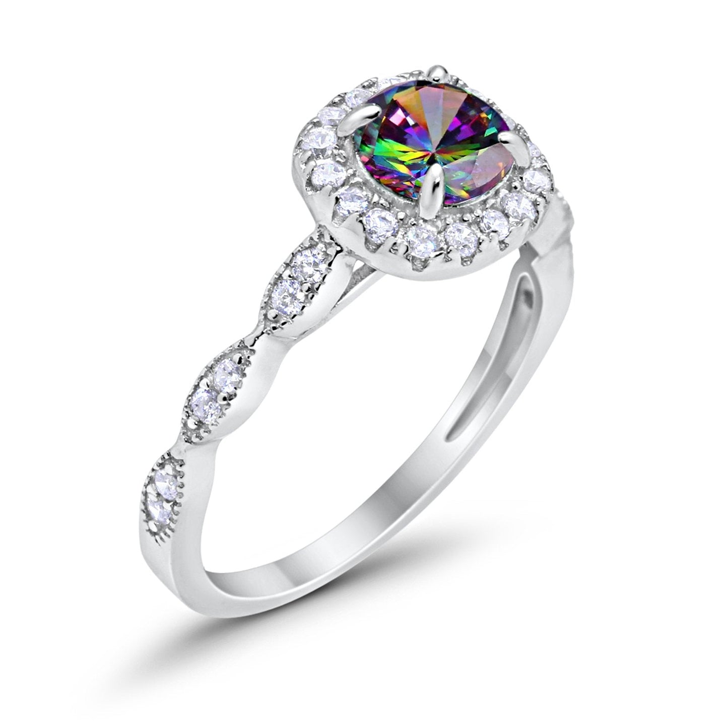 Art Deco Wedding Engagement Ring Round Simulated Rainbow CZ