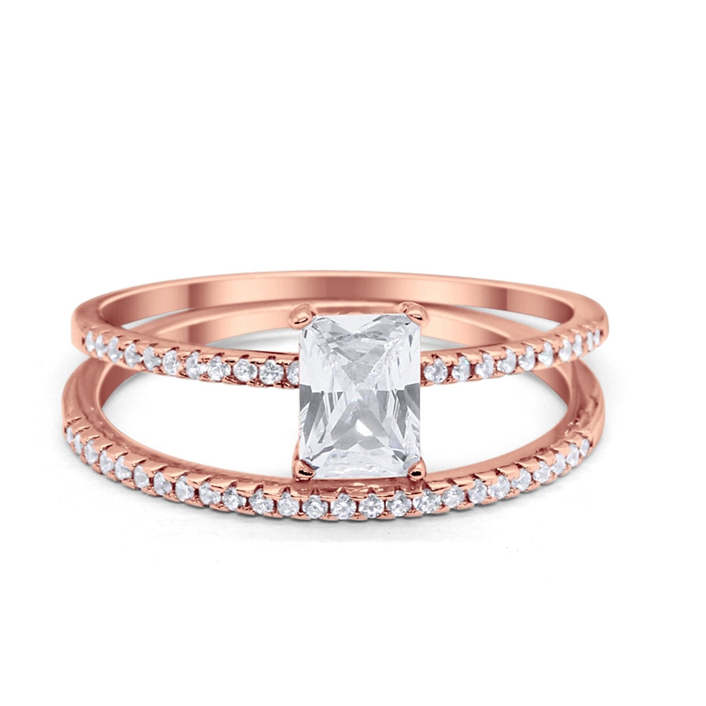 Art Deco Two Piece Wedding Radiant Rose Tone, Simulated Cubic Zirconia Ring