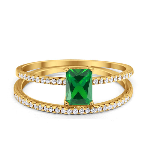 Art Deco Two Piece Wedding Ring Radiant Yellow Tone, Simulated Emerald CZ