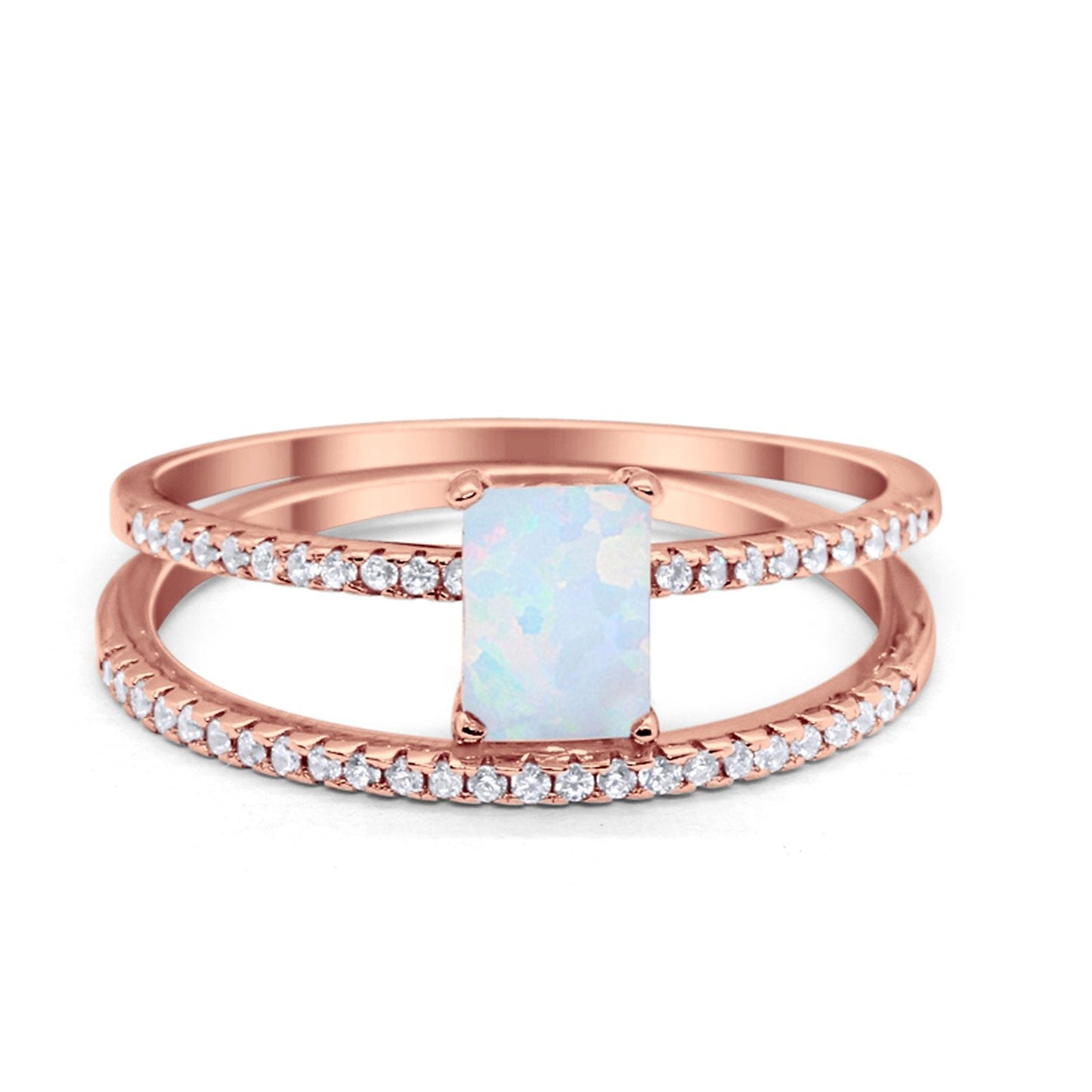 Art Deco Two Piece Wedding Ring Radiant Rose Tone, Lab Created White Opal