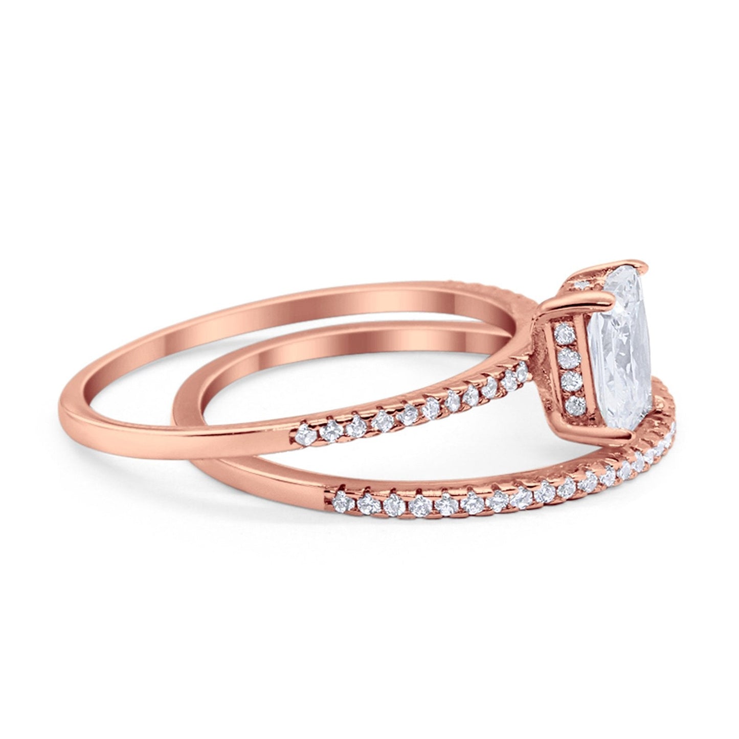 Art Deco Two Piece Wedding Radiant Rose Tone, Simulated Cubic Zirconia Ring