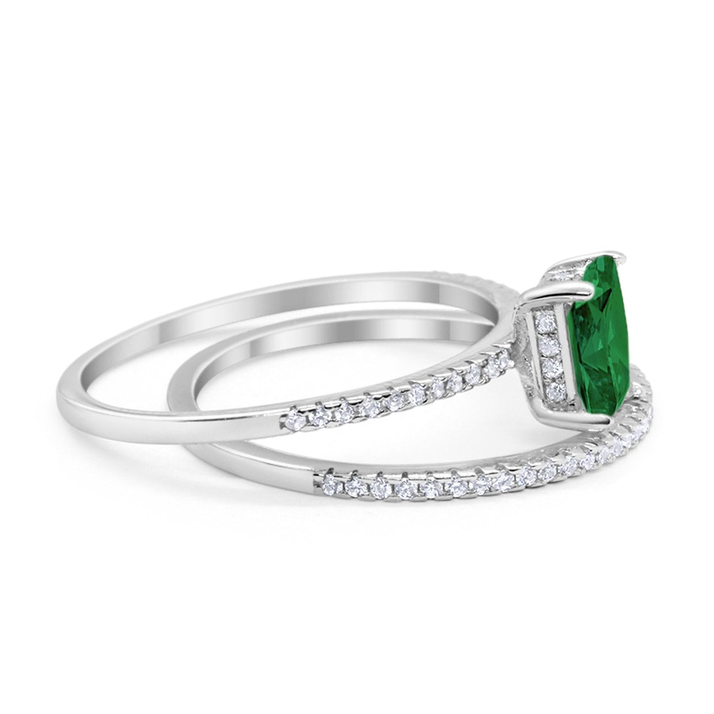 Art Deco Two Piece Wedding Radiant Simulated Emerald CZ Ring