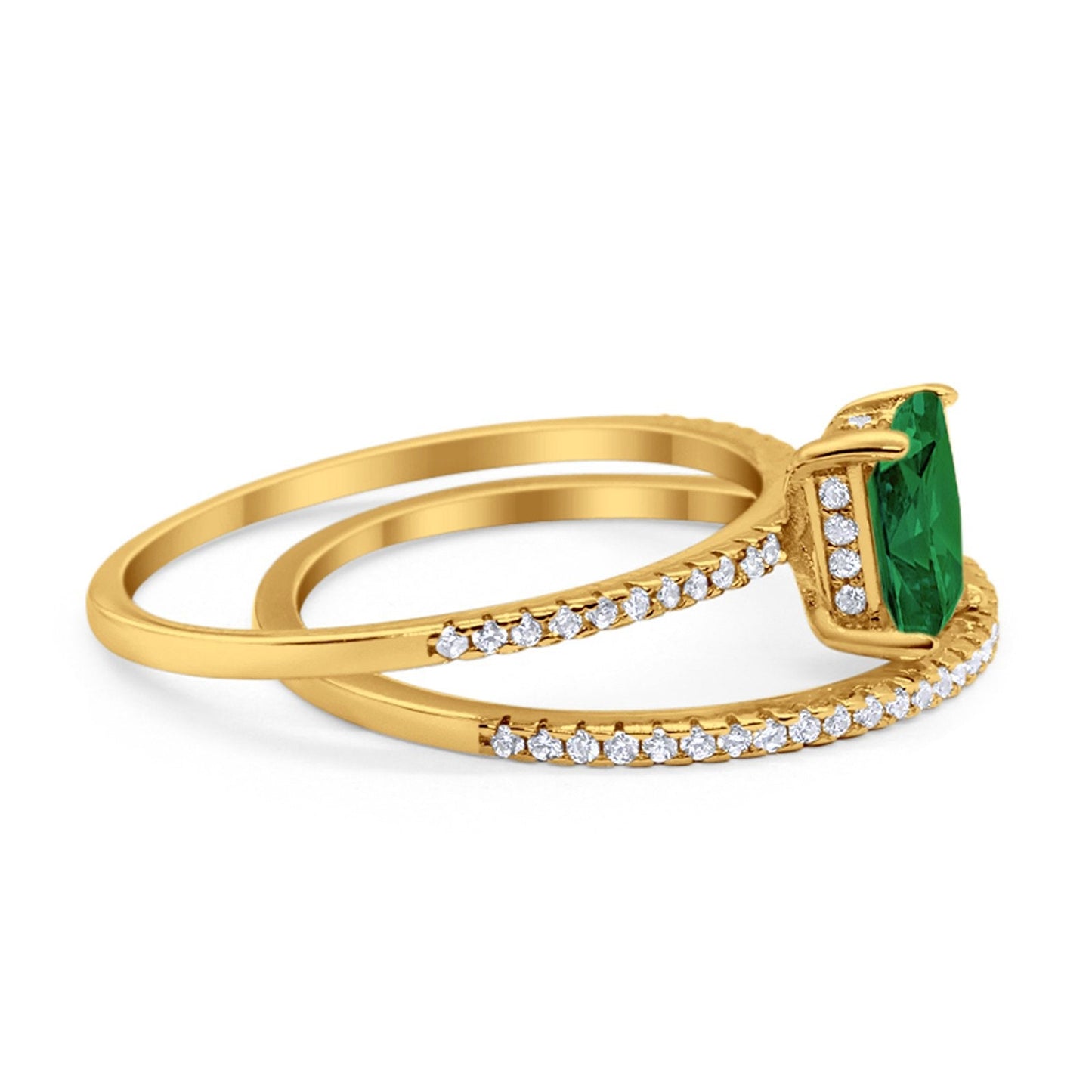 Art Deco Two Piece Wedding Ring Radiant Yellow Tone, Simulated Emerald CZ