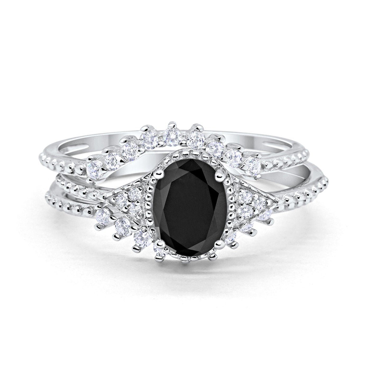 Three Piece Art Deco Simulated Black CZ Wedding Ring