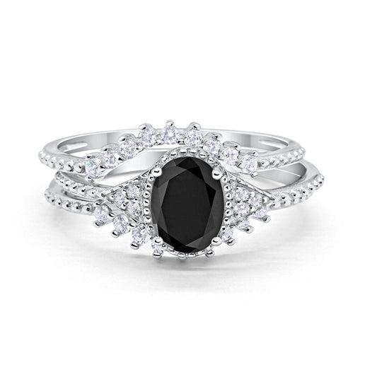 Three Piece Art Deco Simulated Black CZ Wedding Ring