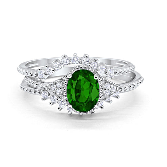 Three Piece Art Deco Simulated Green Emerald CZ Wedding Ring