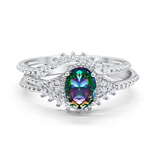 Three Piece Art Deco Simulated Rainbow CZ Wedding Ring