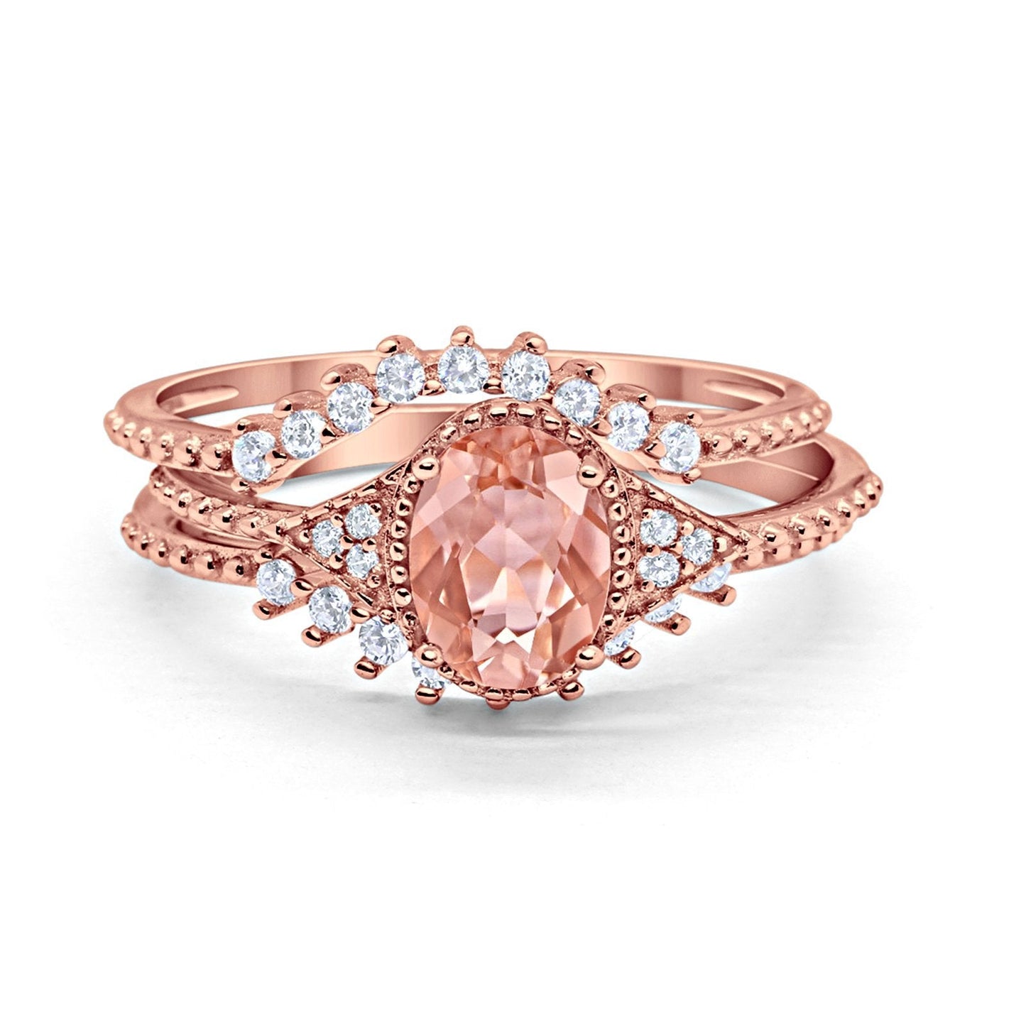 Three Piece Rose Tone, Simulated Morganite CZ Wedding Ring