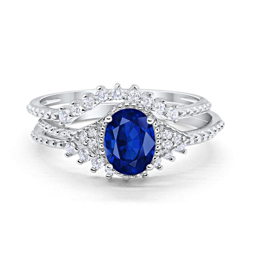 Three Piece Art Deco Simulated Blue Sapphire CZ Wedding Ring