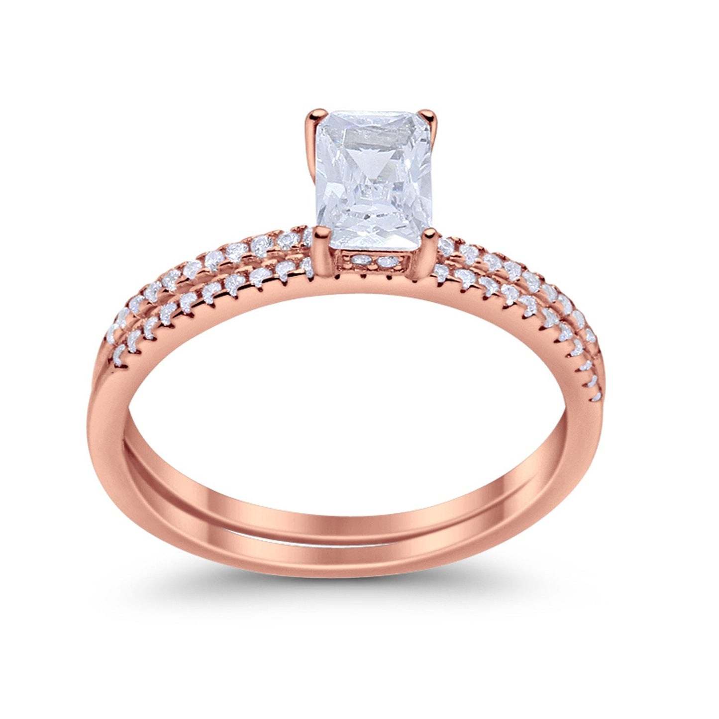 Art Deco Two Piece Wedding Radiant Rose Tone, Simulated Cubic Zirconia Ring