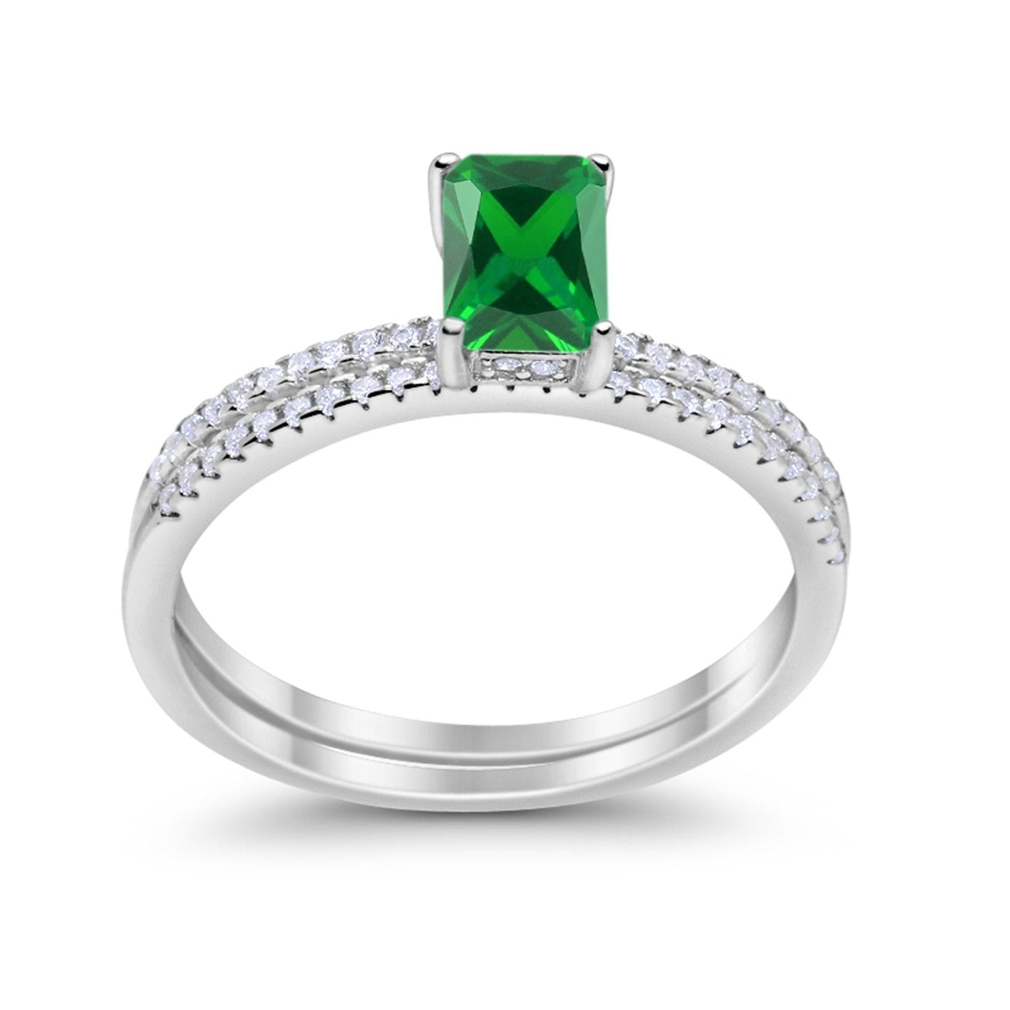 Art Deco Two Piece Wedding Radiant Simulated Emerald CZ Ring