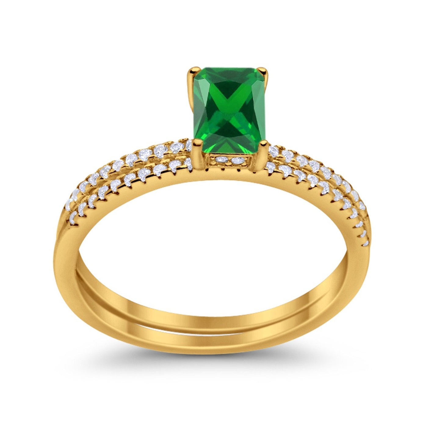 Art Deco Two Piece Wedding Ring Radiant Yellow Tone, Simulated Emerald CZ