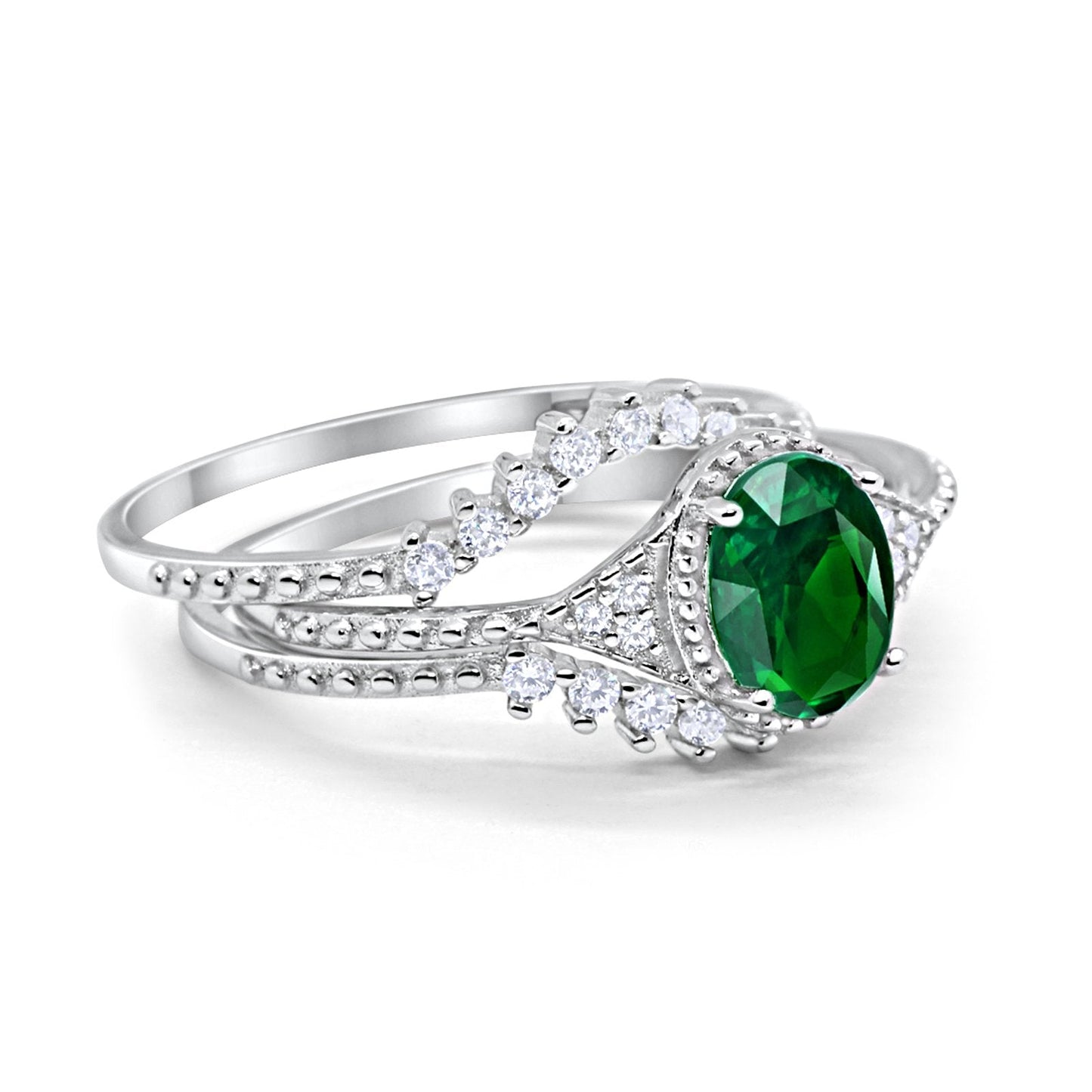 Three Piece Art Deco Simulated Green Emerald CZ Wedding Ring