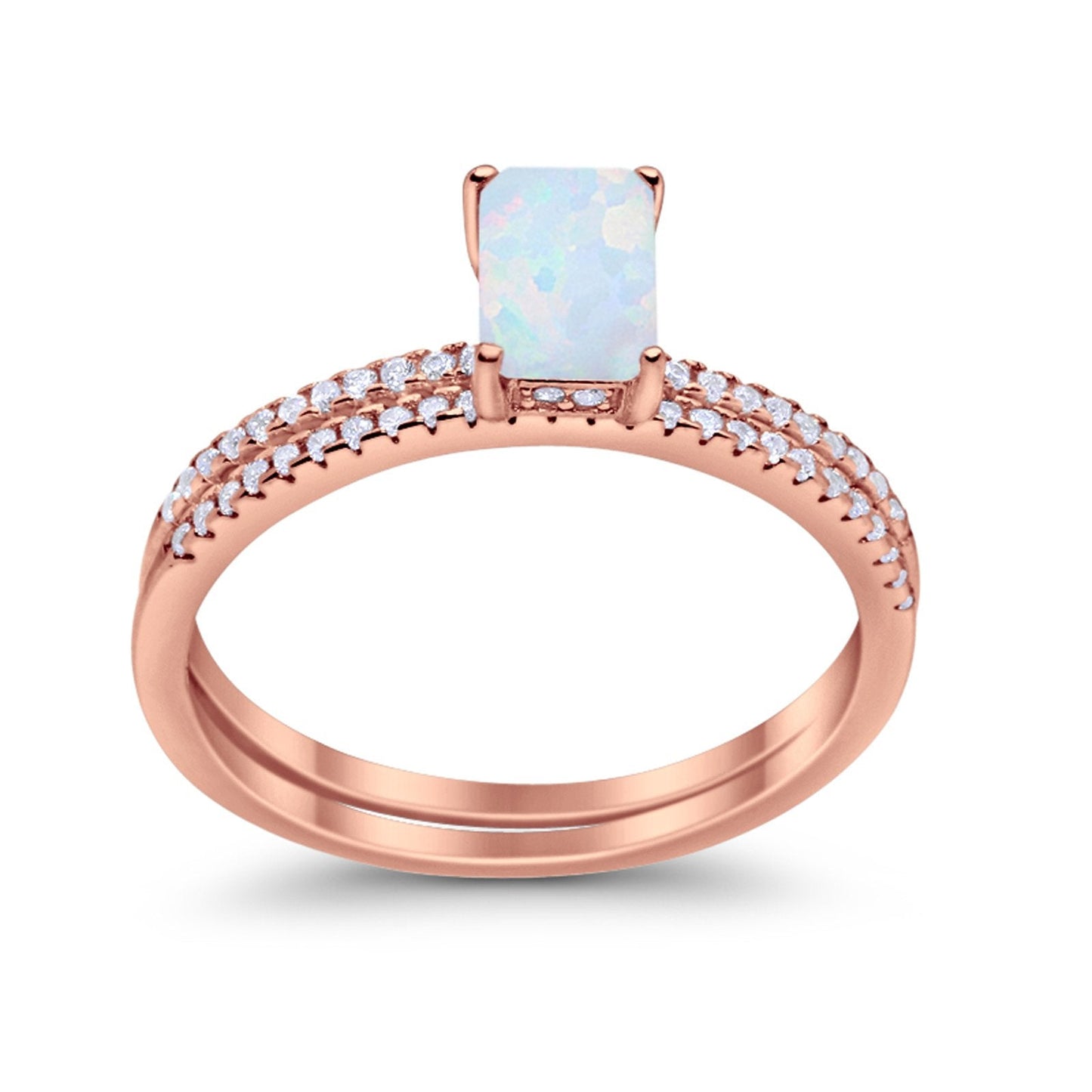 Art Deco Two Piece Wedding Ring Radiant Rose Tone, Lab Created White Opal